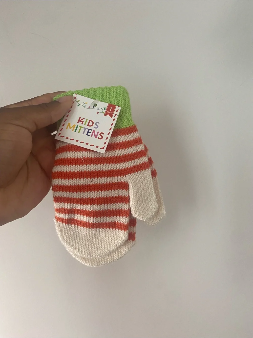 Kids Mittens - Green Cuff with Orange and White Stripes
